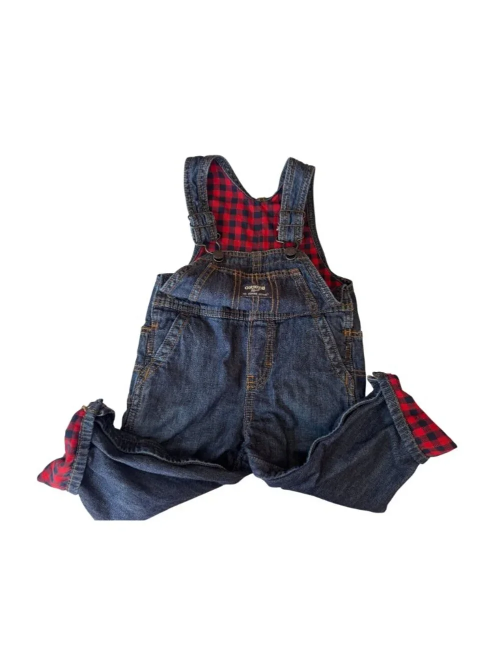 OshKosh Bgosh Denim Overalls Toddlers Red Buffalo Plaid Lined Kid Size 24 Months